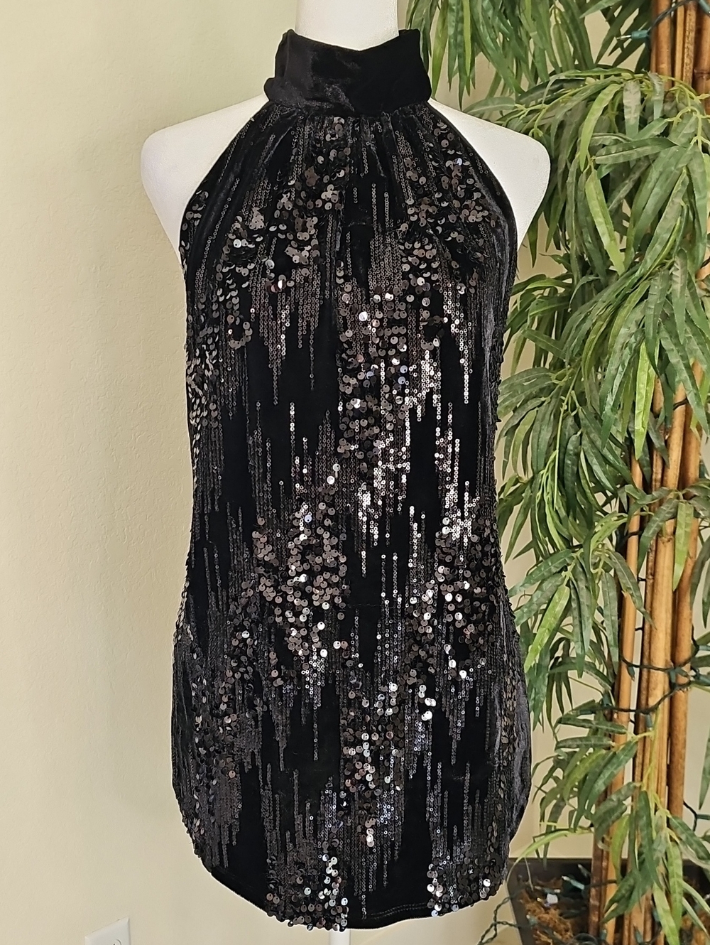 Bisou Bisou Black Sequin Velvet Halter Sleevess Blouse Sz L